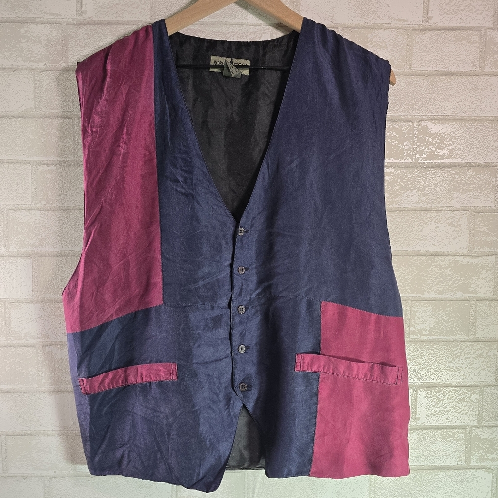 Robert Stock 100% Silk Vest Buttons Men’s XL Vintage Retro 90's Color Block Blue